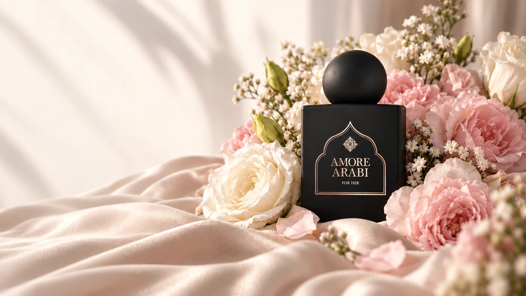 Czarny flakon Amore Arabi For Her wśród pudrowych i białych kwiatów na jasnej, miękkiej tkaninie