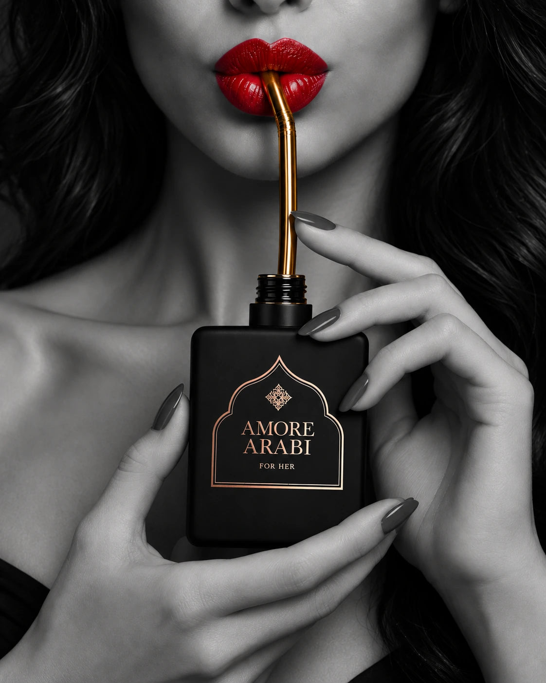 Artystyczny portret kobiety z czerwonymi ustami, złotą rurką i czarnym flakonem Amore Arabi For Her